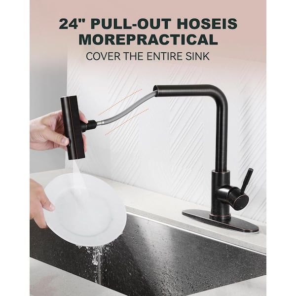Stainless Steel 13.5in. H Single Handle 360° Swivel Pull Out Sprayer Kitchen Faucet w/3-Spray Modes in Oil Rubbed Bronze