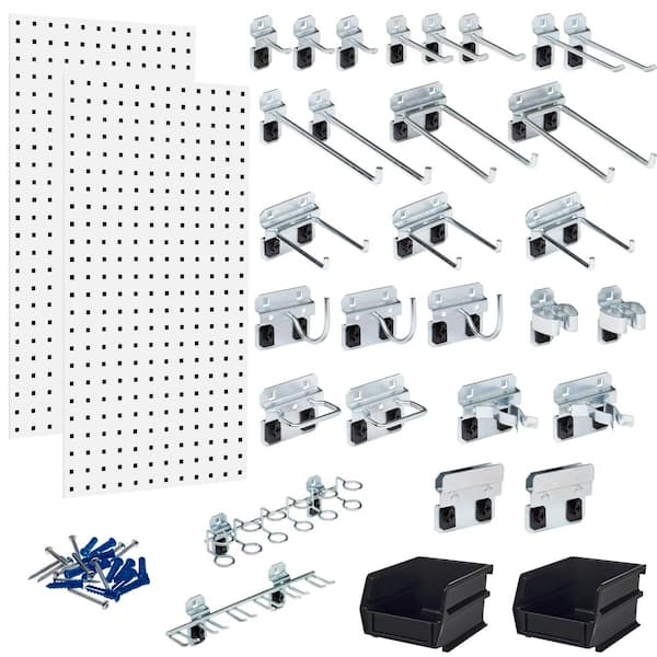 Triton Products (2) 18 in. W x 36 in. H White Steel Square Hole Pegboards with 30-piece LocHook Assortment and Hanging Bin System