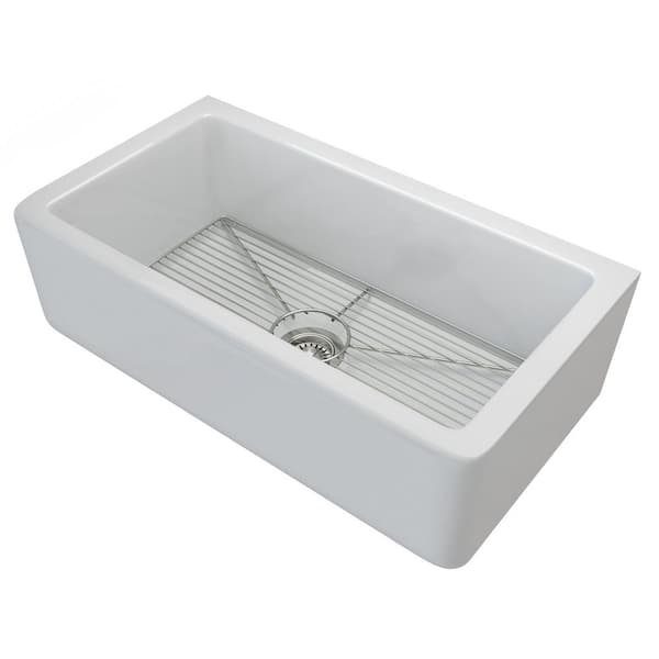 Turino Reversible Farmhouse Apron Front Fireclay 33 in. Single Bowl Kitchen Sink with Bottom Grid in Gloss White