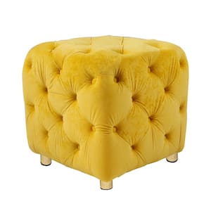 1-Shelf Yellow Pantry Organizer with Yellow Velvet Upholstered Ottoman, Foot Stool for Bedroom