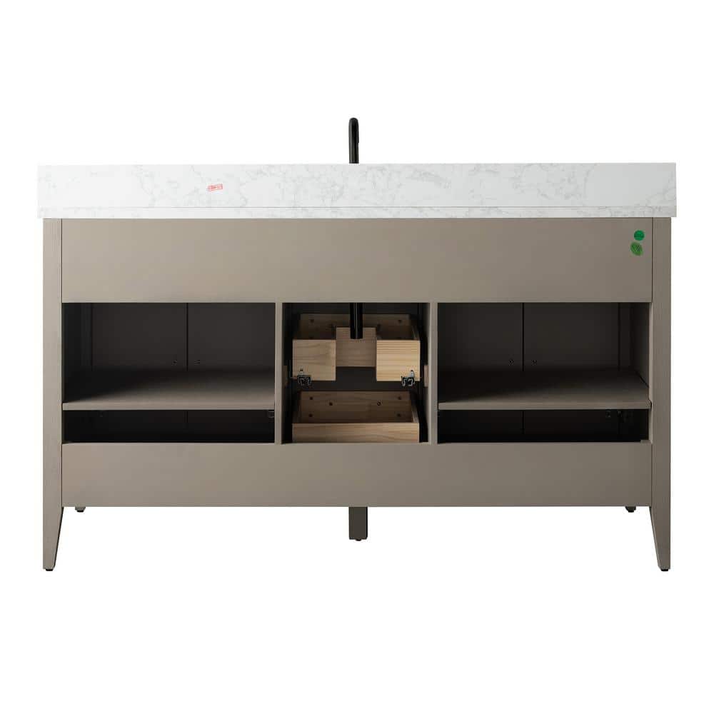 60'' Driftwood Gray MDF Single Sink Freestanding Bathroom Vanity with Engineered Marble Top