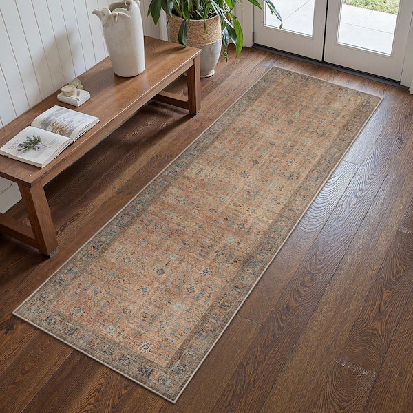 Bakhita Machine Washable Brown/Blue 2 ft. x 10 ft. Floral Indoor Area Rug