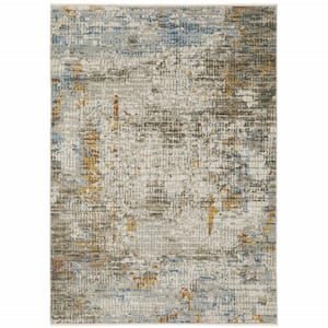 4' X 6' Beige Grey Brown Gold Red And Blue Abstract Power Loom Stain Resistant Area Rug With Fringe