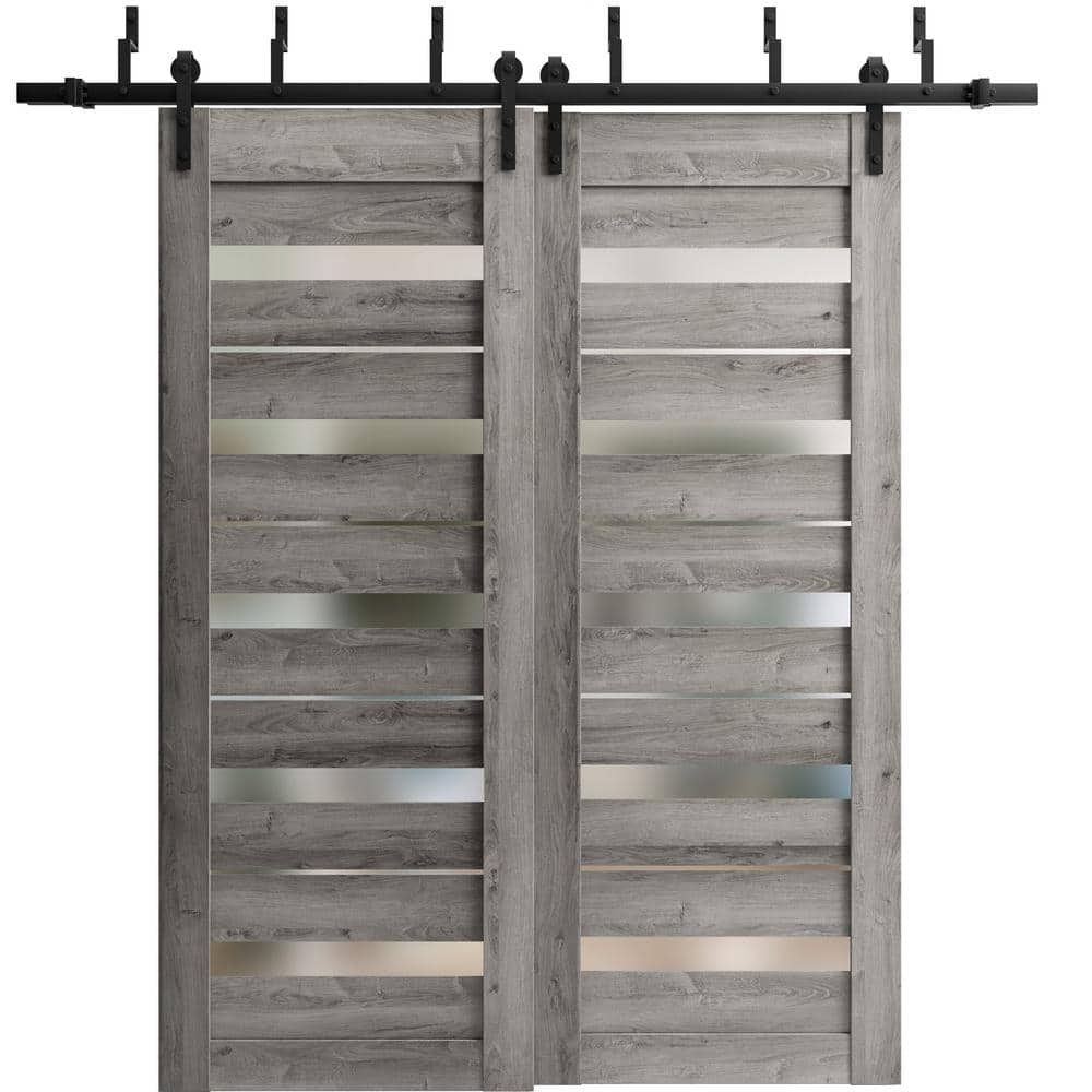 36 in. x 96 in. 2 Panel Frosted Glass Nebraska Grey Wood Sliding Barn Door with Hardware Kit price history on PriceWatchPro