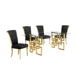 Dominga 5-Piece Rectangular Glass Top Gold Stainless Steel Dining Set with 4 Black Velvet Long Back Gold Stainless