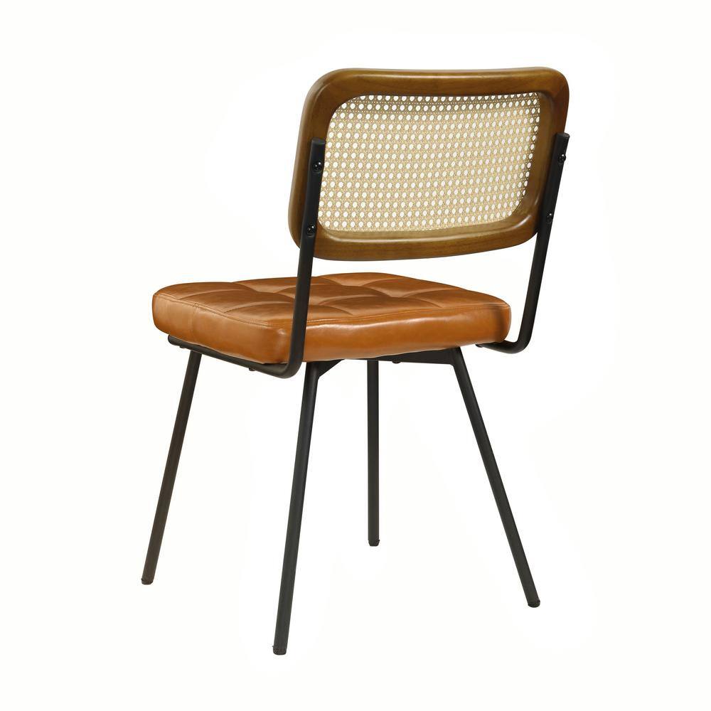 Yellow Brown Faux Leather Upholstered Rattan Cane Side Chair Set