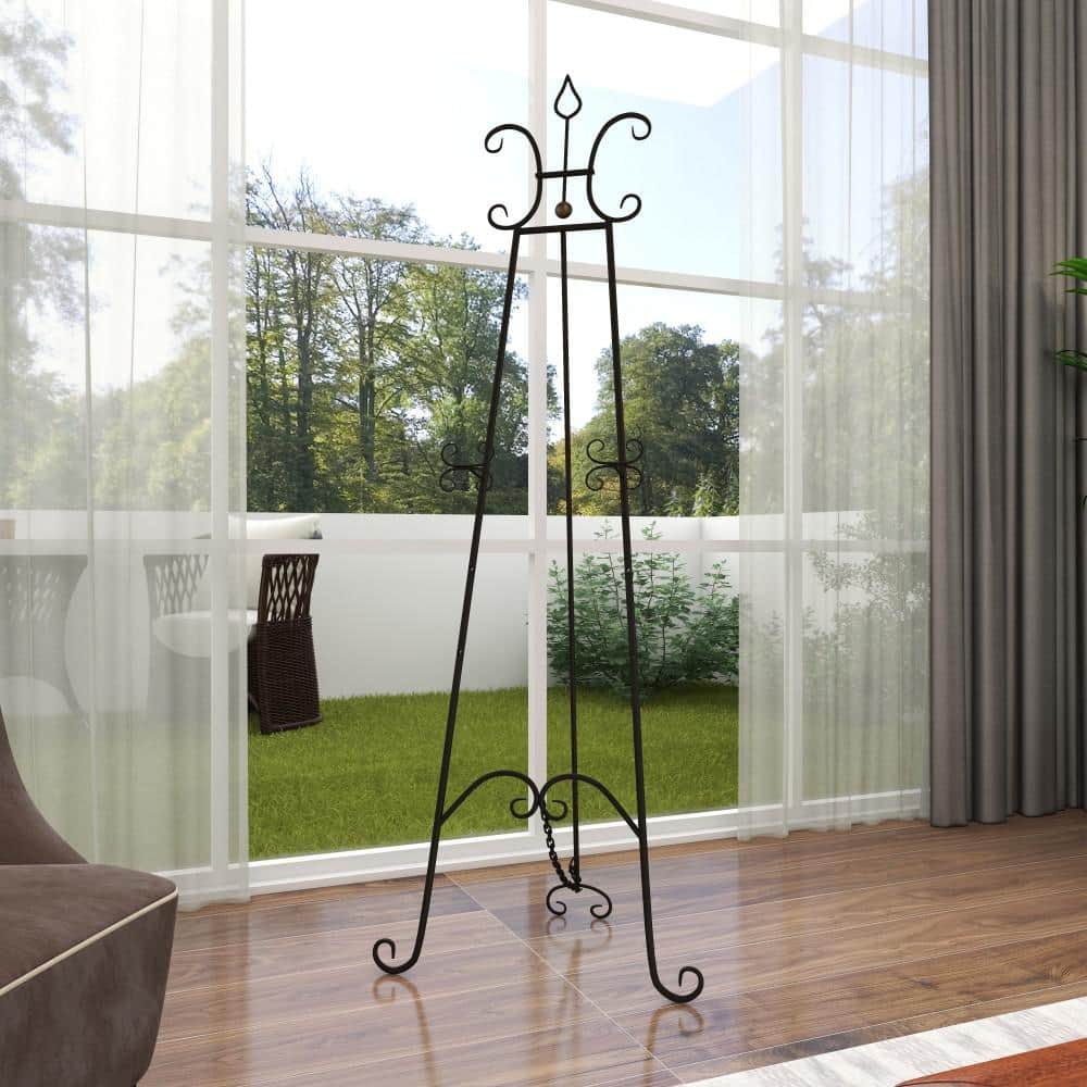 Black Metal Scroll Adjustable Floor Easel with Chain Support