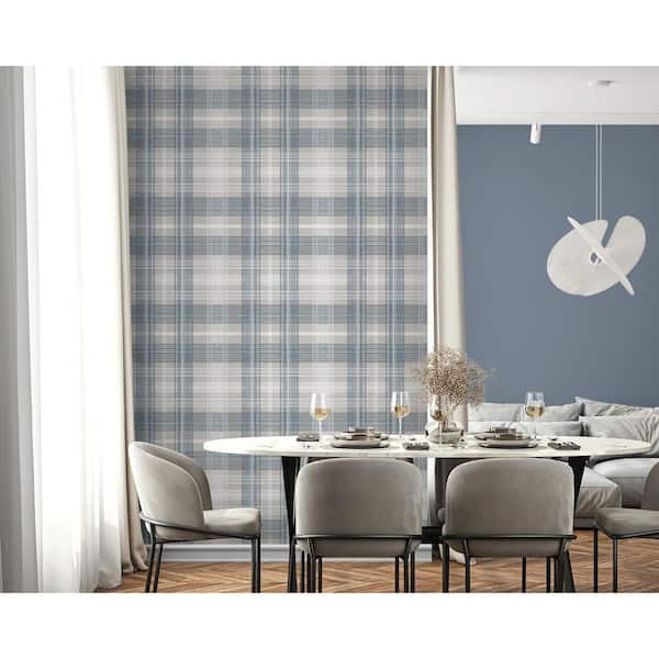 17.08 sq. ft. Argos Grey and Blue Crossroads Plaid Vinyl Peel and Stick Wallpaper Roll