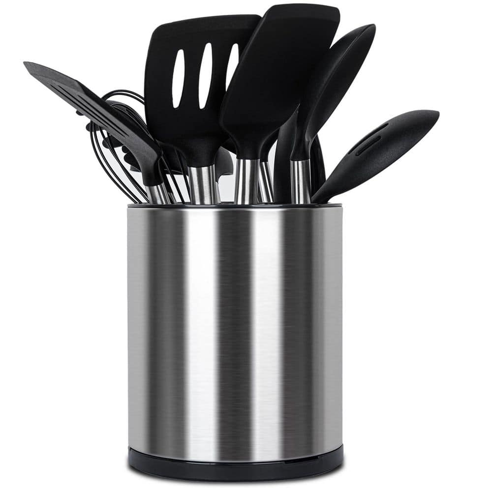 Silver and Black Stainless Steel Utensil Holder for Countertop with 360-Degree Rotation and 3 Compartments price history on PriceWatchPro