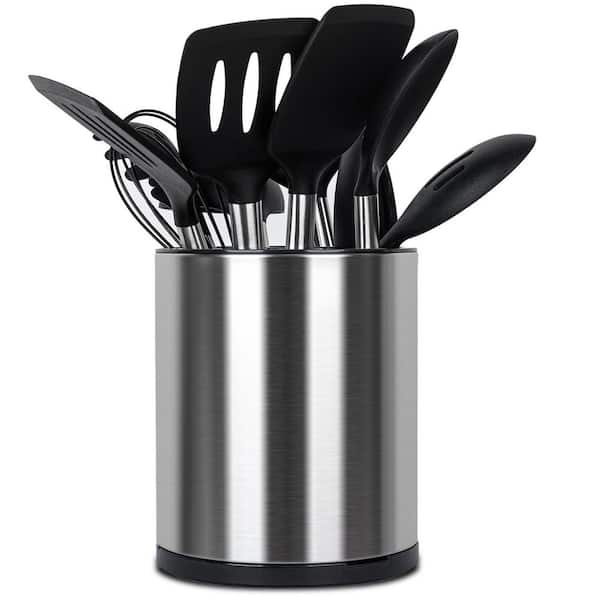 Silver and Black Stainless Steel Utensil Holder for Countertop with 360° Rotation and 3 Compartments