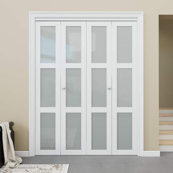 60 in. x 80 in. 3-Lite Tempered Frosted Glass Solid Core White Finished Glass Closet Bifold Door with Hardware