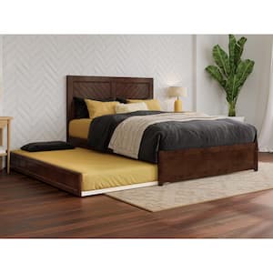 Clayton Walnut Brown Solid Wood Frame Full Platform Bed with Panel Footboard Twin Trundle