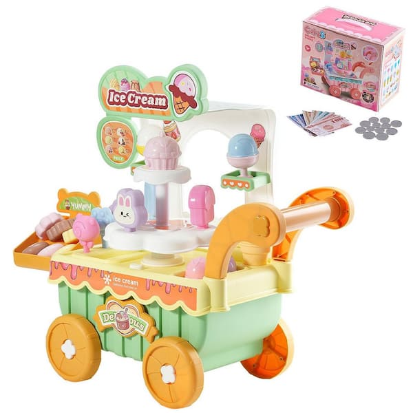 Ice Cream Cart for Kids 27 Piece Accessories Pretend Play Store w/ Storage Trolley Pretend Money Sound and Light Effects