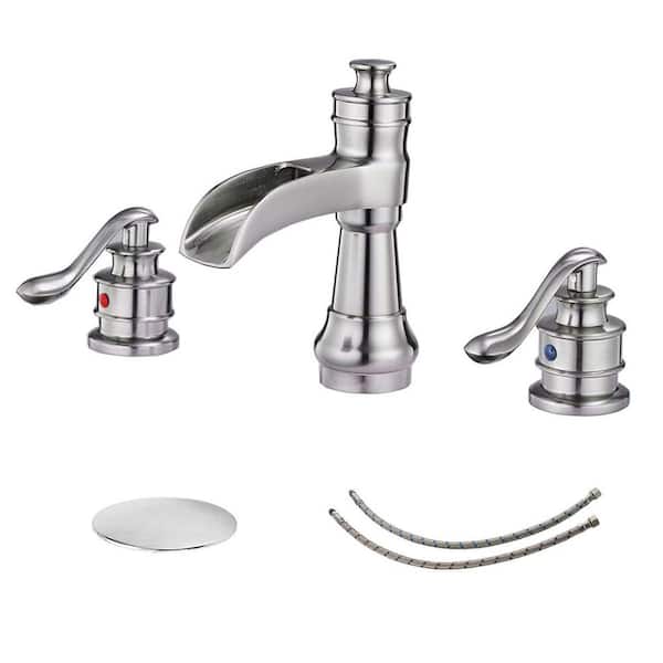 PERLIRIA INC Brushed Nickel Bathroom Faucet 3-Hole, 8 In. Widespread Double Handle Bathroom Faucet with Pop-up Drain Assembly