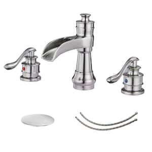 Brushed Nickel Bathroom Faucet 3-Hole, 8 In. Widespread Double Handle Bathroom Faucet with Pop-up Drain Assembly