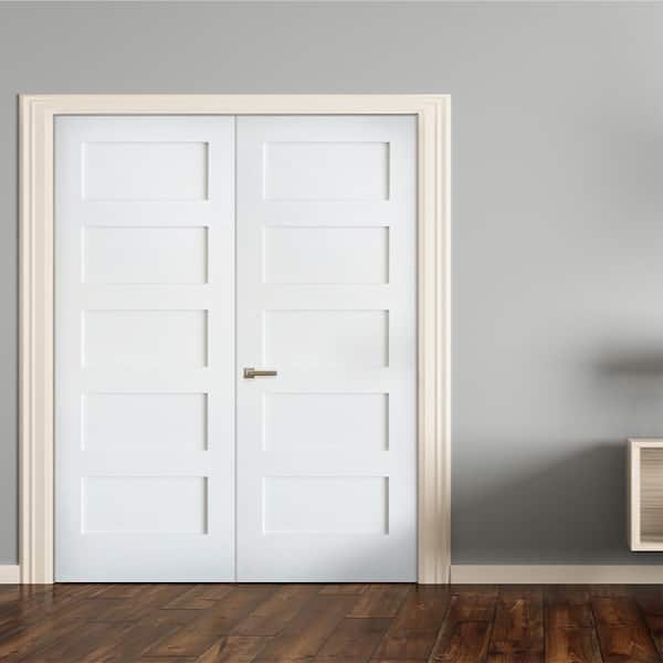 56 in. x 80 in. Craftsman Shaker 5-Panel Right Handed MDF Solid Core Primed Wood Double Prehung Interior French Door