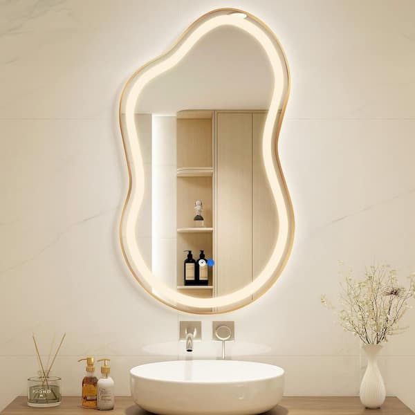 46 in. W x 26 in. H Asymmetrical Gold Framed LED Light Anti-fog 3-Colors Dimmable Irregular Wall Mirror
