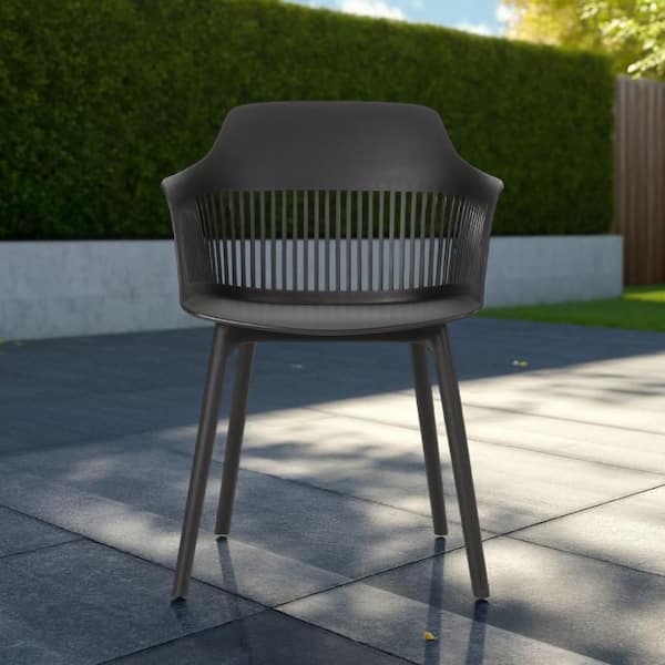Modern Weather Resistant Plastic Outdoor Dining Chair in Black (Set of 2)