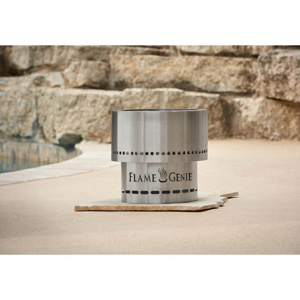 Flame Genie FG-16-SS Steel Alloy Wood Pellet 13.5 Inch Diameter Outdoor Fire Pit w/Clean Burning Gravitational Afterburner System, Stainless Steel