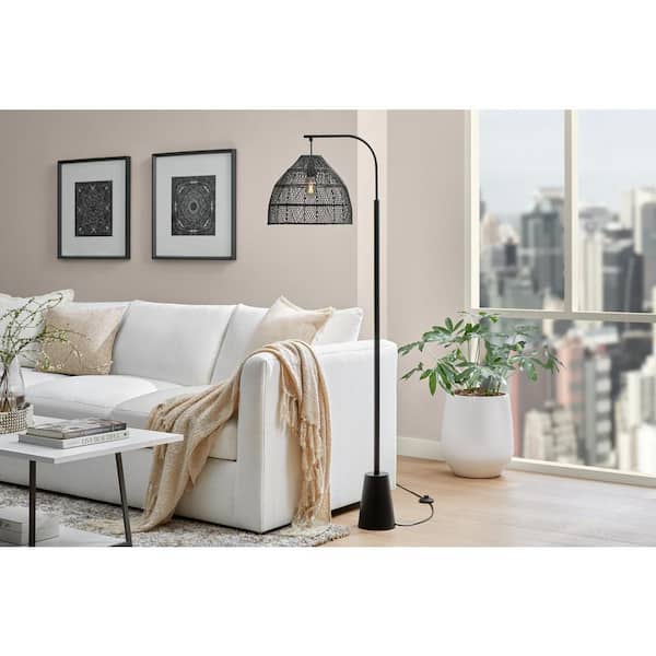 Hampton Bay Ambrose 65 in. Black Arc Floor Lamp with Black Rattan Shade