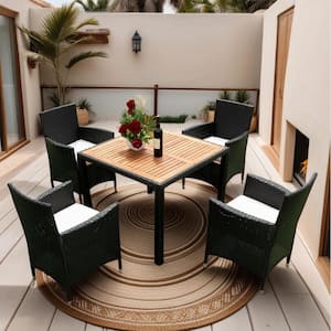 Wicker Rattan 4 Seat 5-Piece Outdoor Conversation Set with Cushions and Acacia Wood Top, for Patio, Garden, backyard