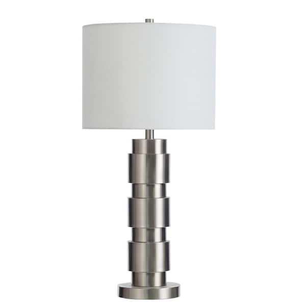 StyleCraft 30 in. Brushed Aluminum, White Candlestick Task and Reading Table Lamp for Living Room with White Linen Shade