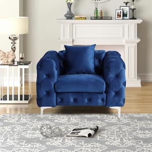 Blue Modern Contemporary Accent Chair with Deep Button Tufting Dutch Velvet, Solid Wood Frame and Iron Legs