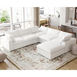 120.45 in. Square Arm 6-Piece Linen L-Shaped Modular Sectional Sofa Corner Cloud Couch in White with Ottoman