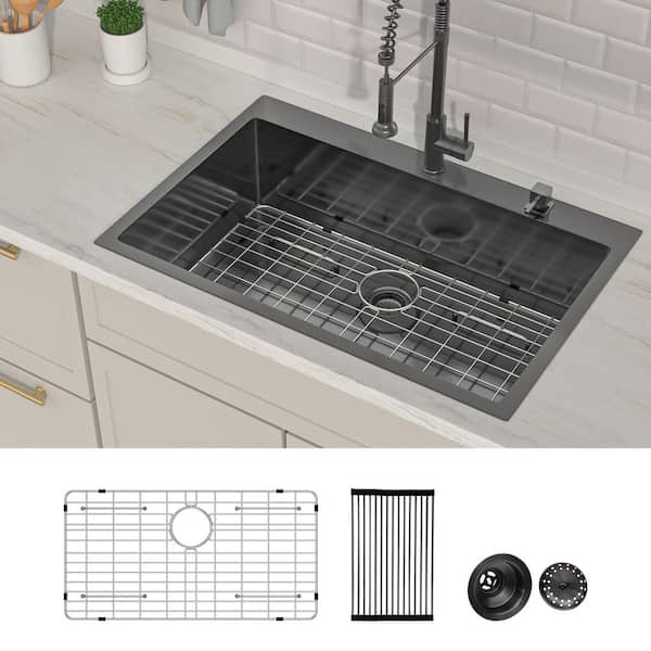 30 in. x 20 in.Gunmetal Black Single Bowl Drop-In 16-Gauge Stainless Steel Topmount Kitchen Sink w/Bottom Grid