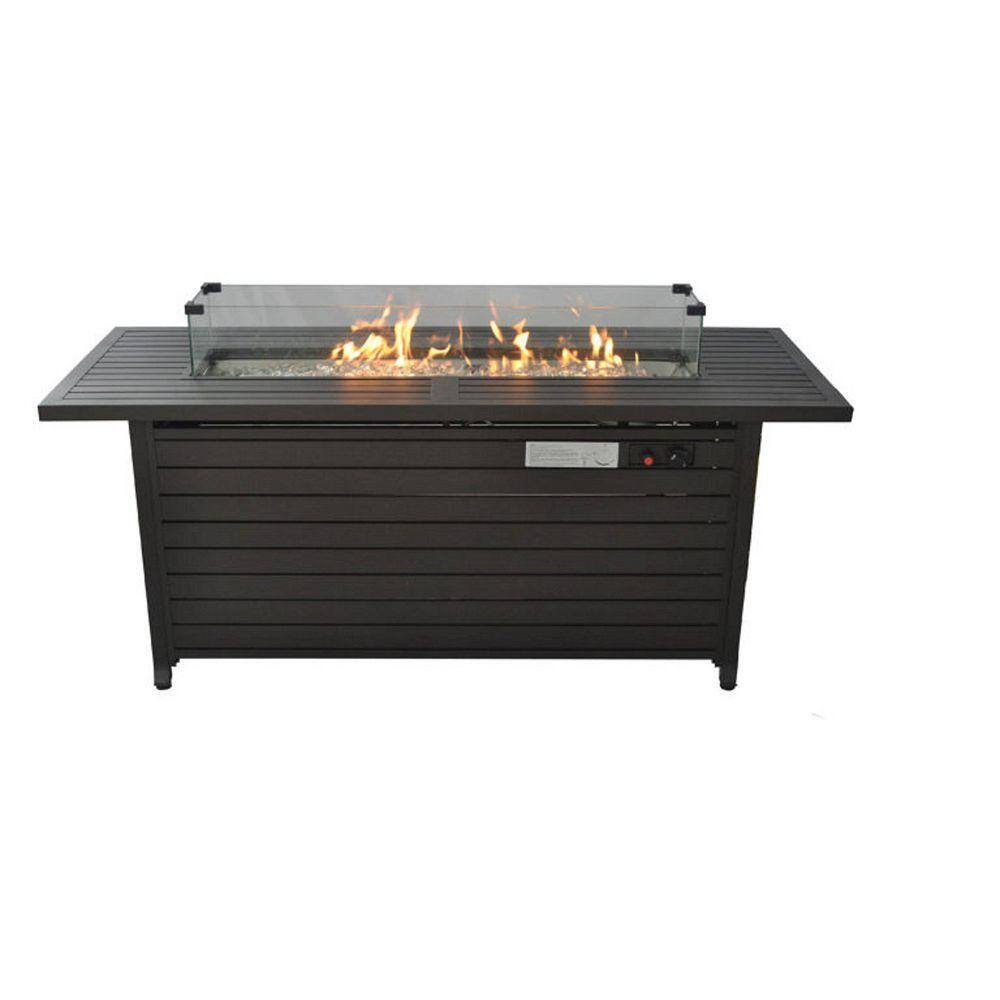 Aluminum Retangular Fire Pits Table with Lid, Fire Glass for Garden Backyard Deck Patio-Mocha