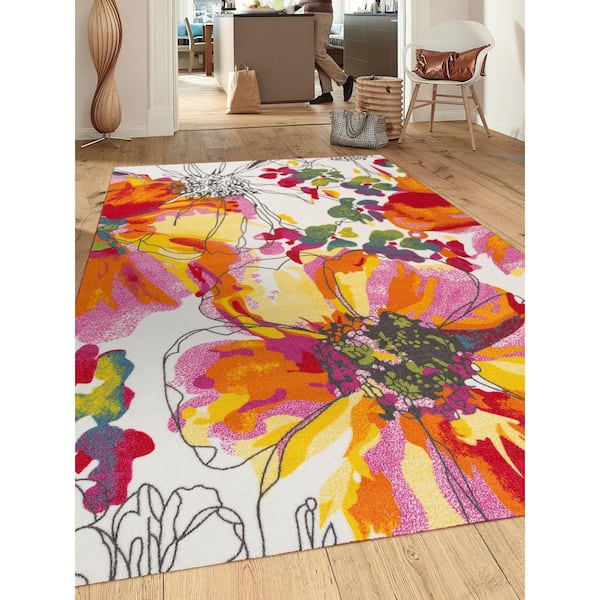 Contemporary Bright Flowers Non-Slip (Non-Skid) Cream 12 ft. x 15 ft. Indoor Area Rug