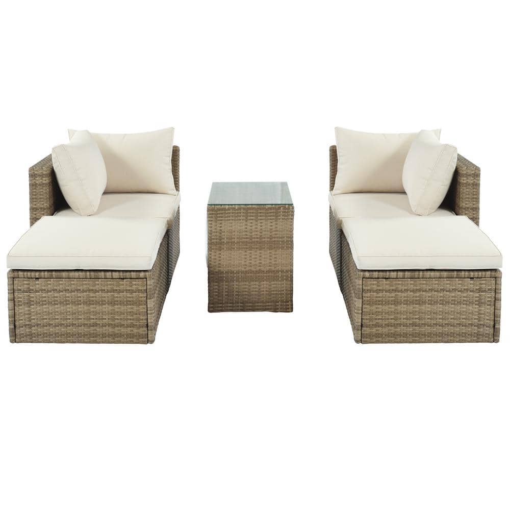 Patio Furniture 5-Piece Wicker Rattan Outdoor Sectional Sofa Set with Beige Cushion