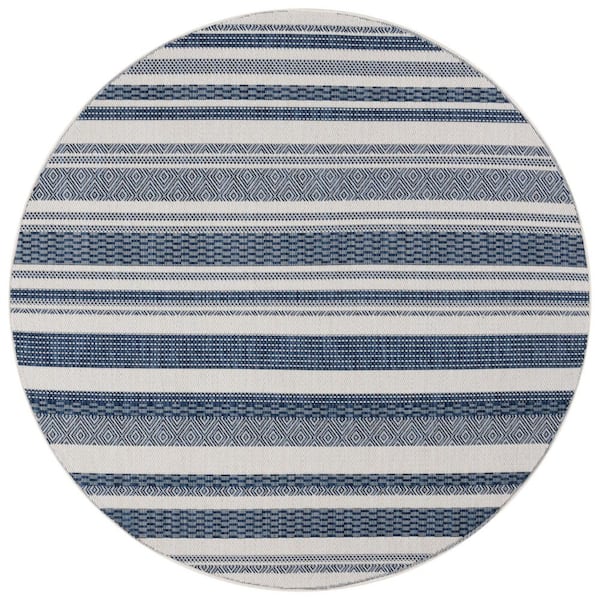 Beach House Brown/Ivory 7 ft. x 7 ft. Striped Geometric Indoor/Outdoor Round Area Rug