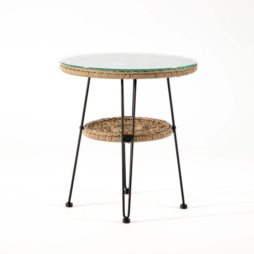 Tiny Natural Rattan and Glass Round Outdoor Side Table