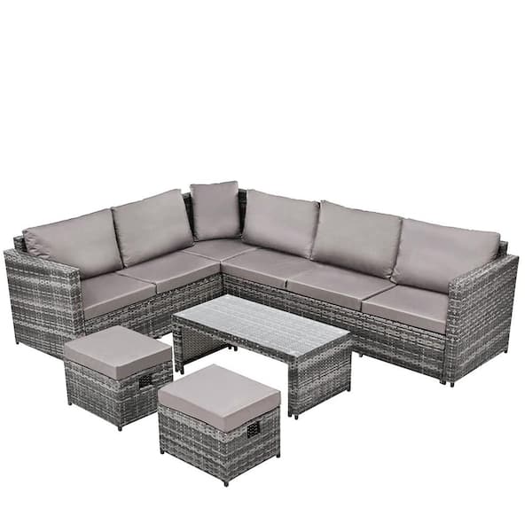 maocao hoom Gray Wicker Patio Conversation Set with Gray Cushion (7-Piece)