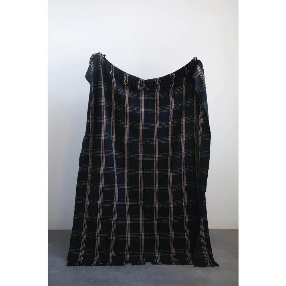 Plaid Black & Tan Fringed 60''x50'' Woven Cotton Blend Throw