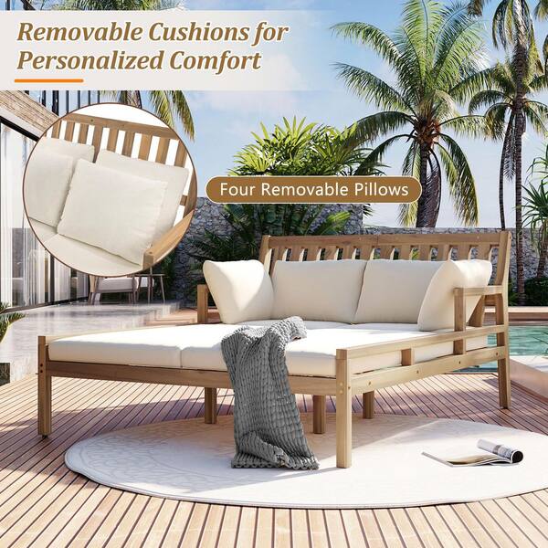 Light Teak Wood Outdoor Double Daybed, Patio Chaise Lounge with Light Teak Wood Outdoor Double Daybed, Patio Chaise Lounge with