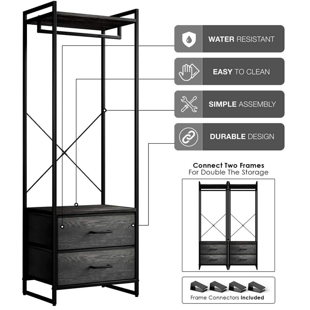 Portable Black and Gray Wood Clothing Rack with Drawers