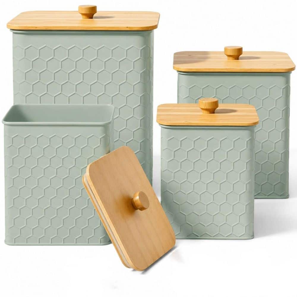 4-Piece Sage Green Iron Kitchen Canister Set with Bamboo Lids and Honeycomb Pattern price history on PriceWatchPro