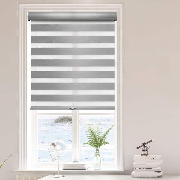 Cordless Window Roller Shades Free-Stop Dual Layer Zebra Blinds 64"x72" 