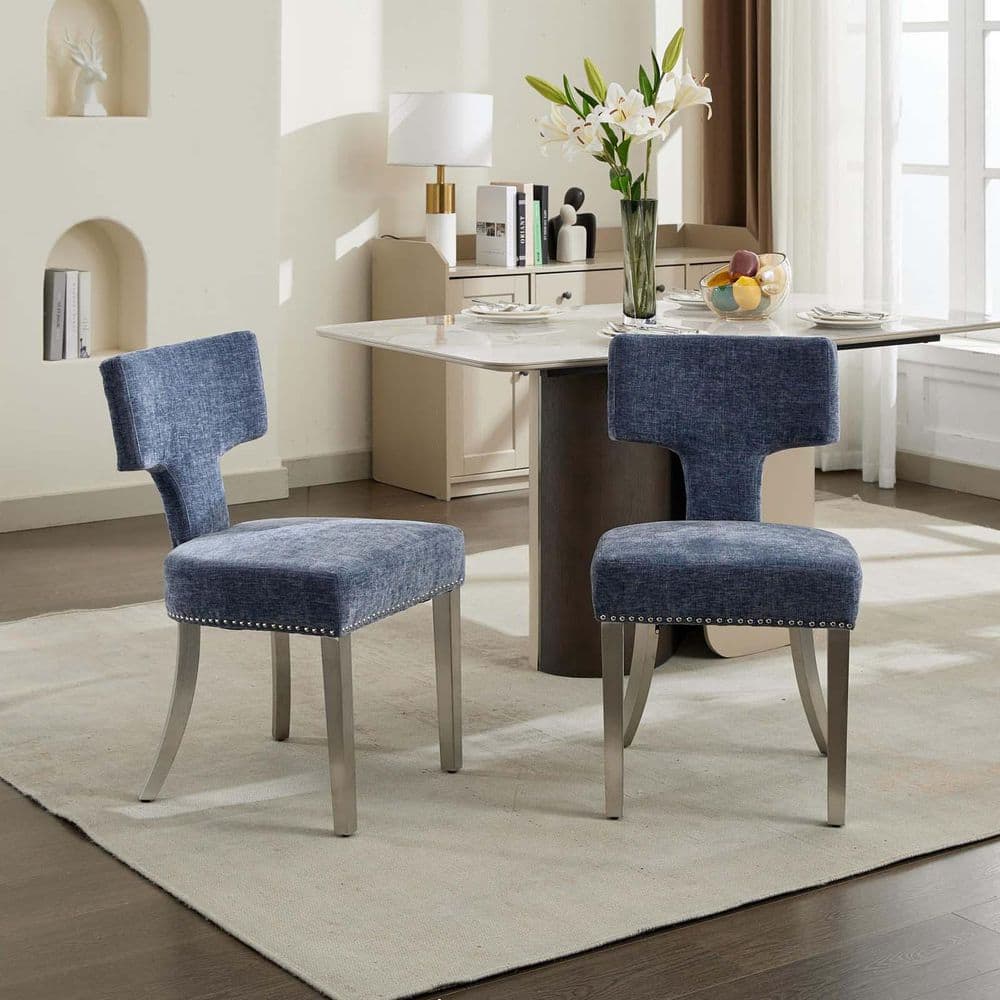 Blue Farmhouse Chenille Fabric Dining Chairs Upholstered Accent Chair ...
