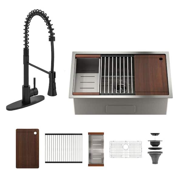 36 in. Undermount Single Bowl 18-Gauge Brushed Stainless Steel Kitchen Sink with Infrared Sensor Faucet and Accessories