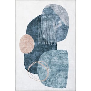 Ceara Abstract Circles Machine Washable Blue Doormat 3 ft. x 5 ft. Modern Accent Rug