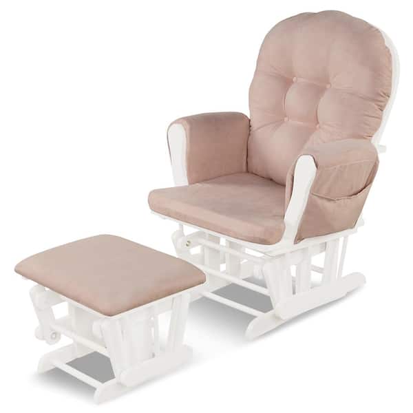 Costway Pink Fabric Glider and Ottoman Cushion Set Wood Baby Nursery Rocking Chair Dark