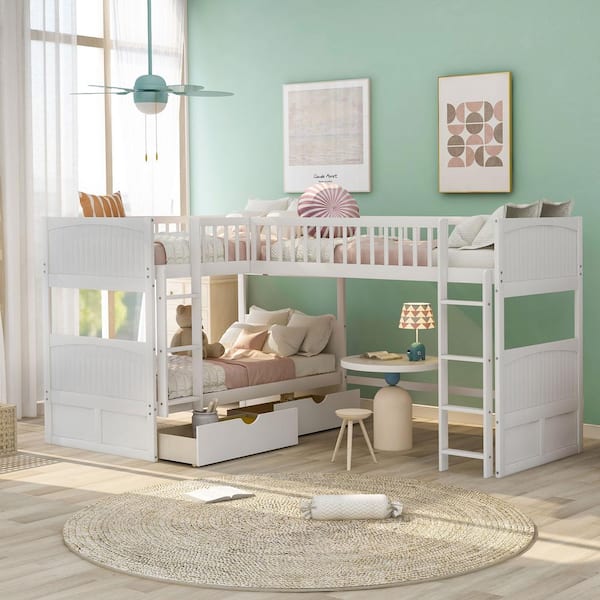 GOJANE White Twin Size Bunk Bed With A Loft Bed Attached, With 2 ...