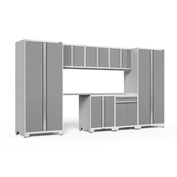 NewAge Products Pro Series 156 in. W x 84.75 in. H x 24 in. D 18-Gauge Welded Steel Garage Cabinet Set in Platinum (8-Piece)