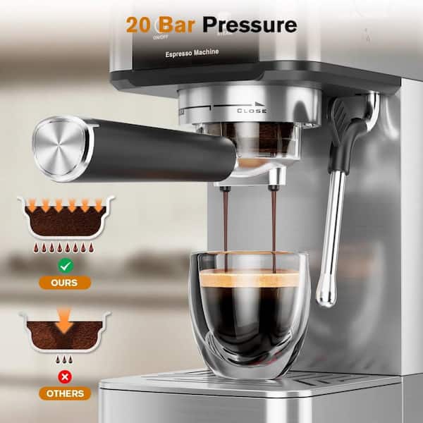 2 Cup 20 Bar Coffee Maker with Color Touchscreen, Espresso Machine with Milk Frother Steam Wand, Stainless Steel