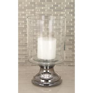 14 in. Silver Glass Handmade Turned Style Pillar Hurricane Lamp