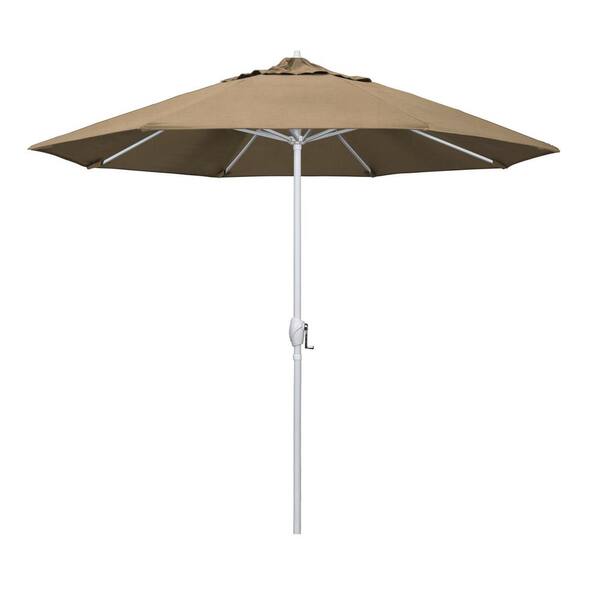 California Umbrella 9 ft. Matted White Aluminum Market Patio Umbrella Auto Tilt in Heather Beige Sunbrella