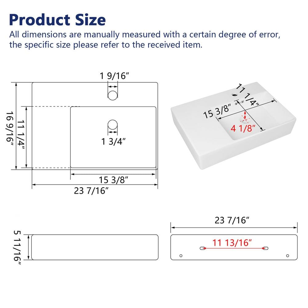 23.43'' White Ceramic Rectangular Wall Mount Bathroom Sink with Overflow